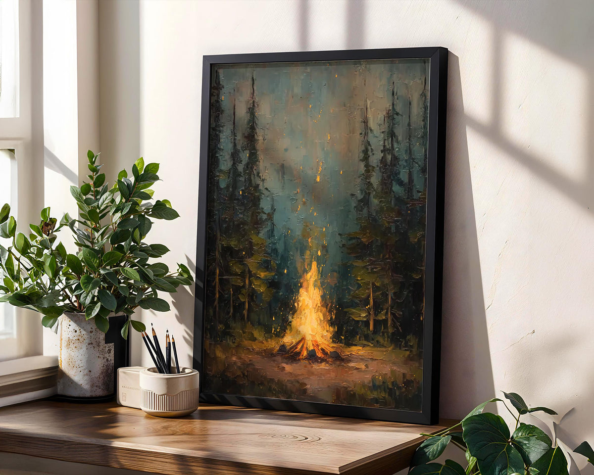 Rustic Campfire Oil Painting, Moody Pine Tree Poster Print, Camping Theme Wall Art, Cabin Wall Decor, Vintage Forest Pai