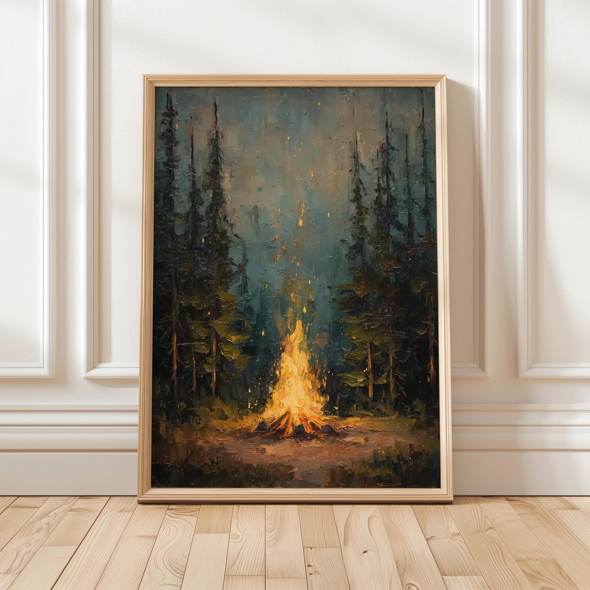 Rustic Campfire Oil Painting, Moody Pine Tree Poster Print, Camping Theme Wall Art, Cabin Wall Decor, Vintage Forest Pai