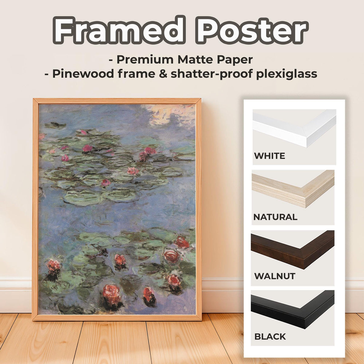 Claude Monet, Water Lilies Vertical - Impressionist Pond Print, French Garden Wall Art, Serene Floral Poster, Blue and G