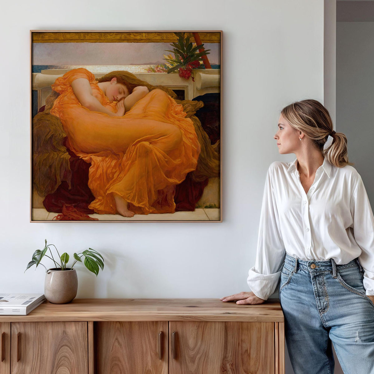 Frederic Leighton, Flaming June - 1895 Victorian Masterpiece Print, Sleeping Woman Wall Art, Orange Aesthetic Poster, Cl