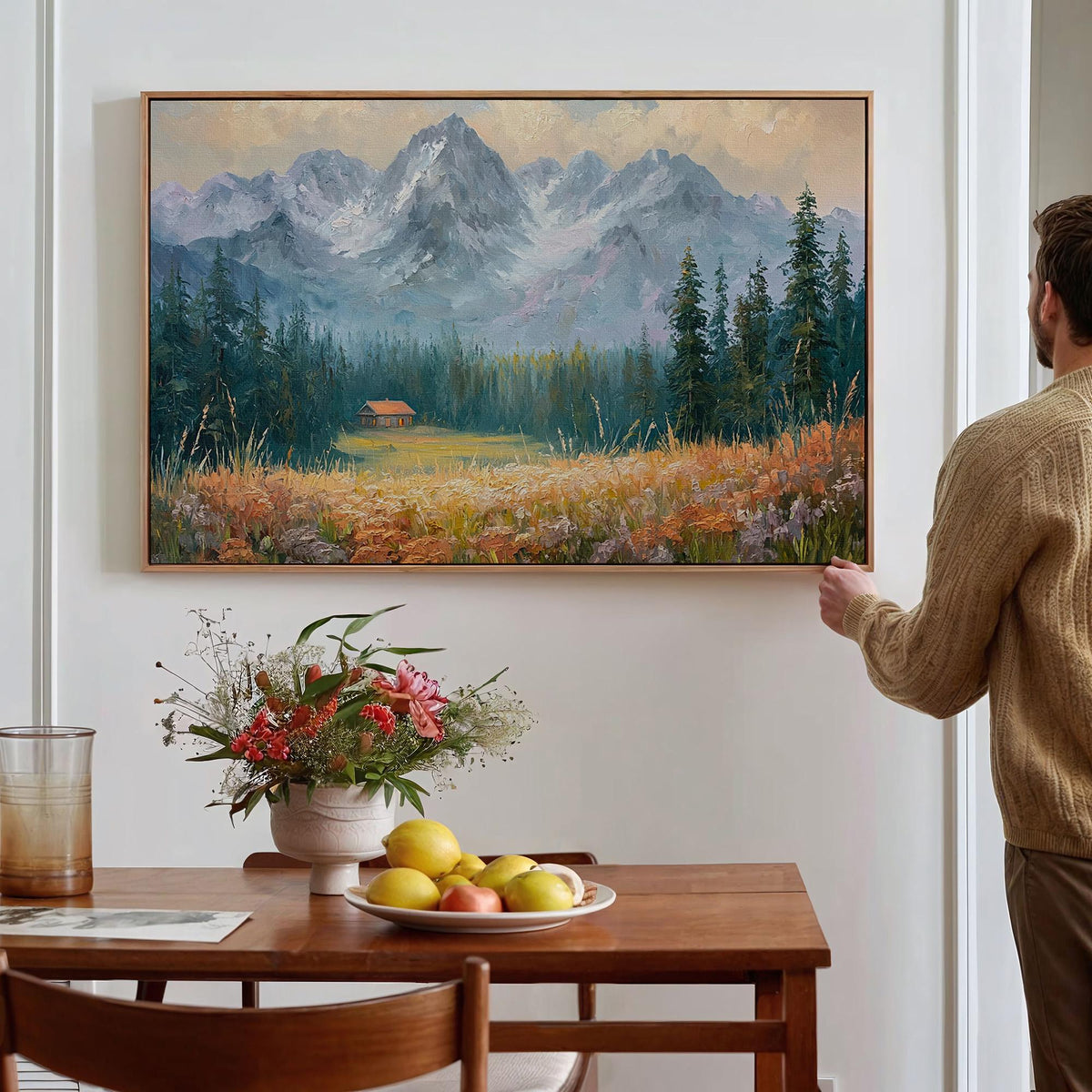 Vintage Pacific Northwest Landscape Art Print, Mountain Wildflowers Painting, Botanical Wall Art Poster, Cozy Nature Dec