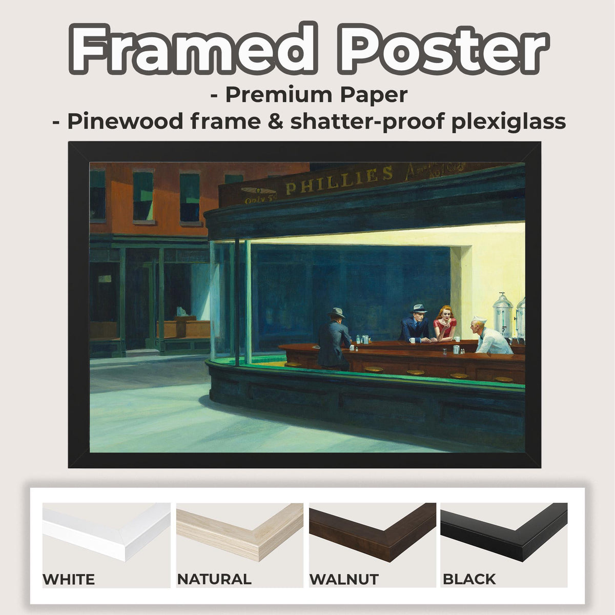 Edward Hopper, Nighthawks - Iconic wall art, Famous Painting, Large Sizes canvas print, American Realist Poster urban is
