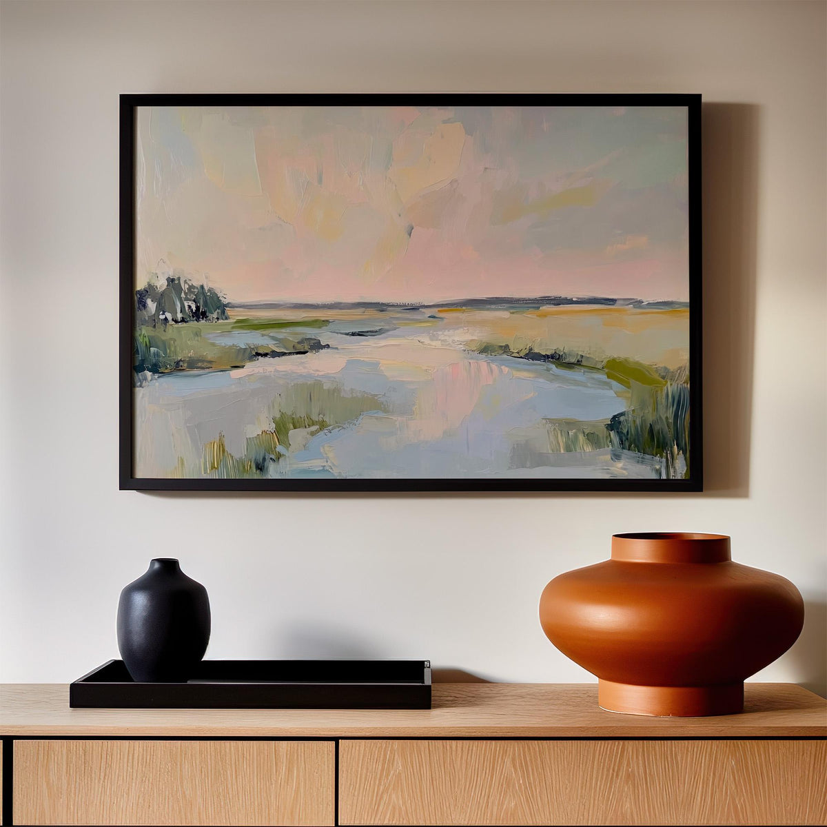 Lowcountry Marsh Fine Art Print, Elegant Coastal Landscape Painting, Thick Brushstroke Wall Art in Greens, Blues, and Su