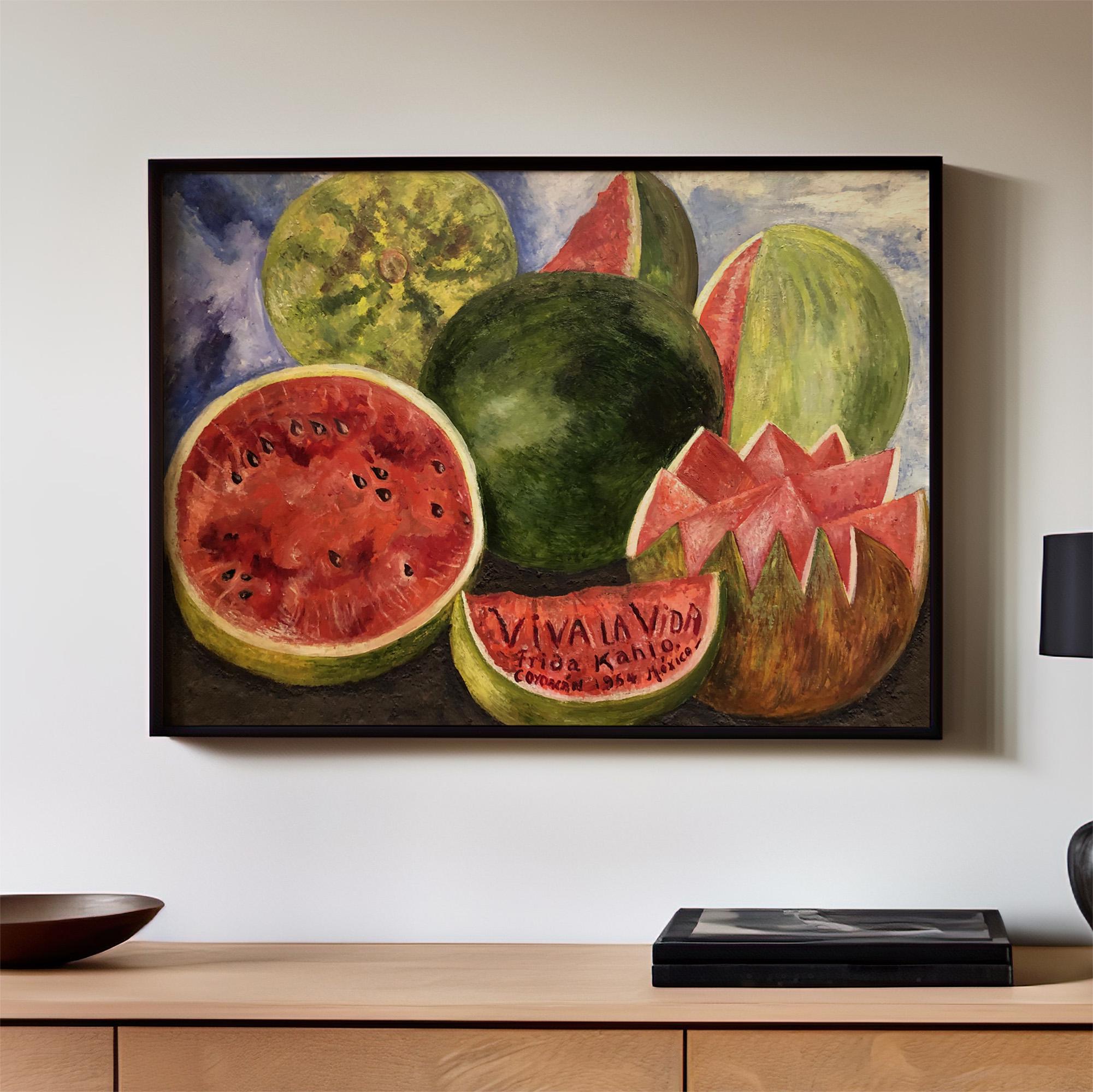 Frida Kahlo, Viva la Vida - 1954 Watermelon Still Life Print, Mexican Folk Art Wall Art, Bold Color Poster, Vintage Deco