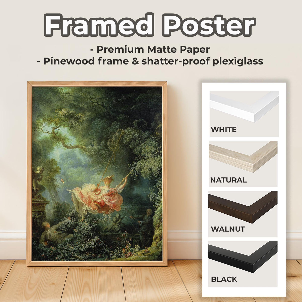 Joean Honoré Fragonard - The Swing. Beautiful girl poster print, Sensual painting, Bedroom decor, Canvas reproduction, L