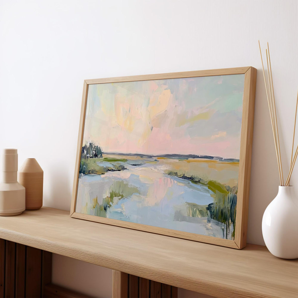 Lowcountry Marsh Fine Art Print, Elegant Coastal Landscape Painting, Thick Brushstroke Wall Art in Greens, Blues, and Su