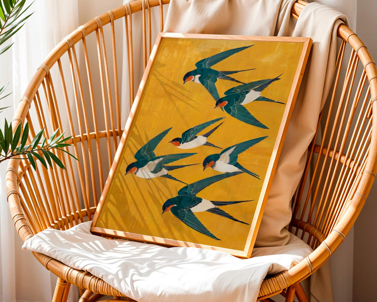 Japanese Swallow Art Print, Yellow Blue Bird Poster, Modern Vertical Animal Wall Decor, ART252