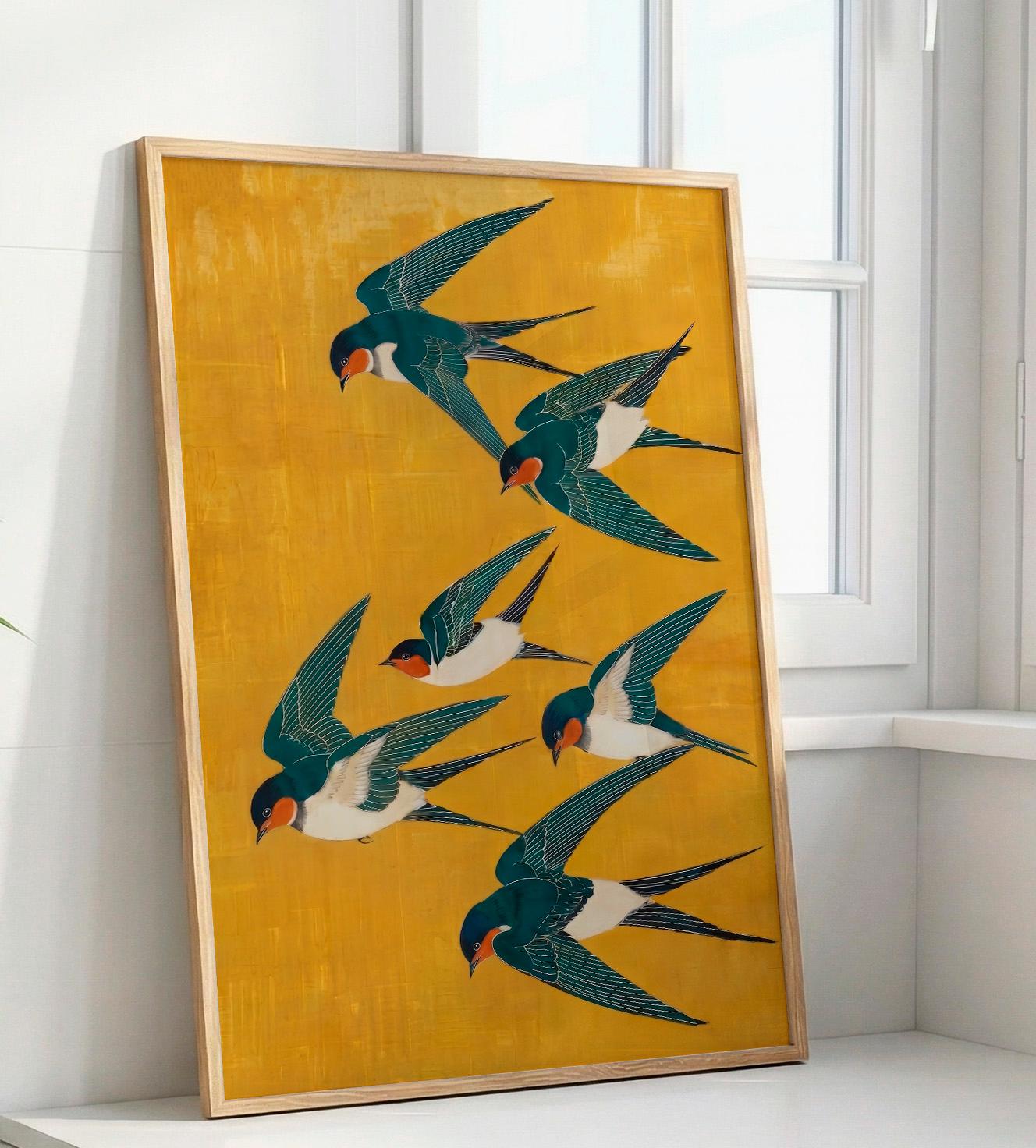 Japanese Swallow Art Print, Yellow Blue Bird Poster, Modern Vertical Animal Wall Decor, ART252