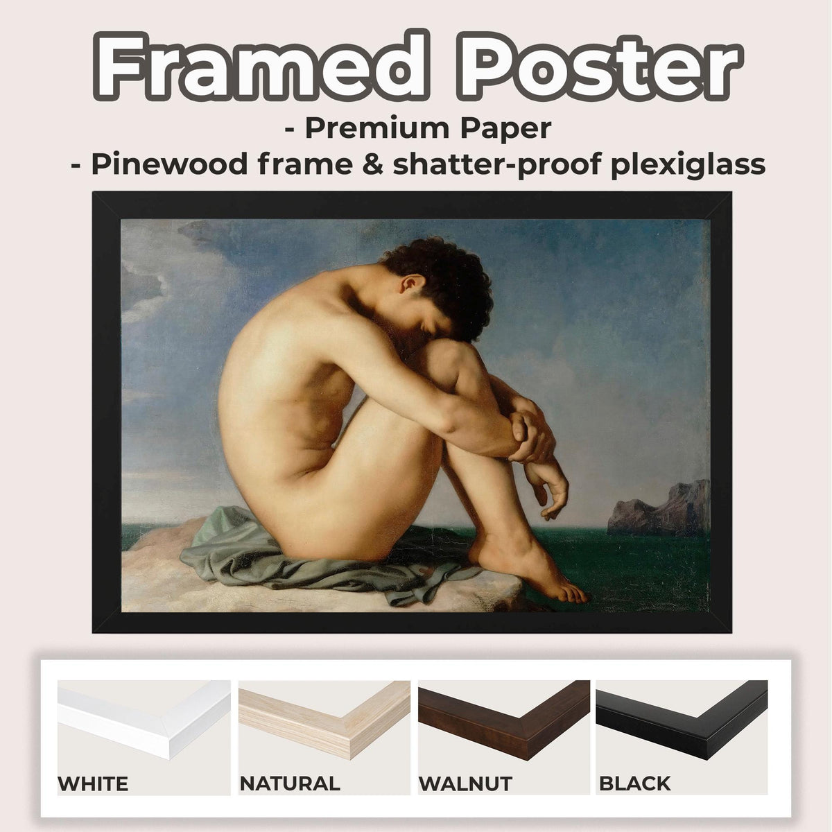 Jean-Hippolyte Flandrin, Study - Young Male Nude Seated Beside the Sea, 1835–1836, French Academic Study, Louvre Wall Ar