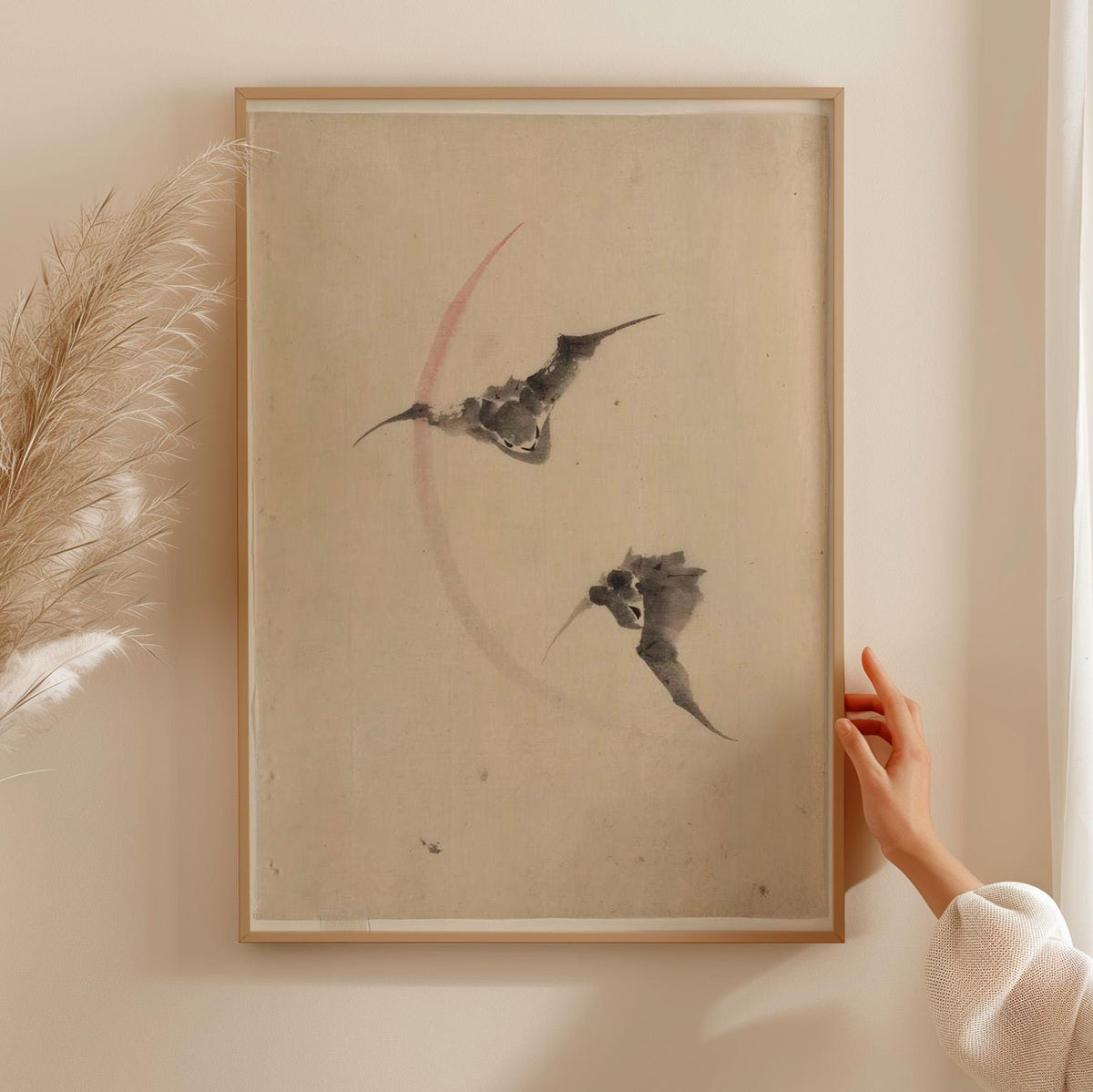 Katsushika Hokusai, Two Bats Flying - c. 1830-1850 Japanese Ink Drawing, Bat Wall Art, Moonlit Nature Decor