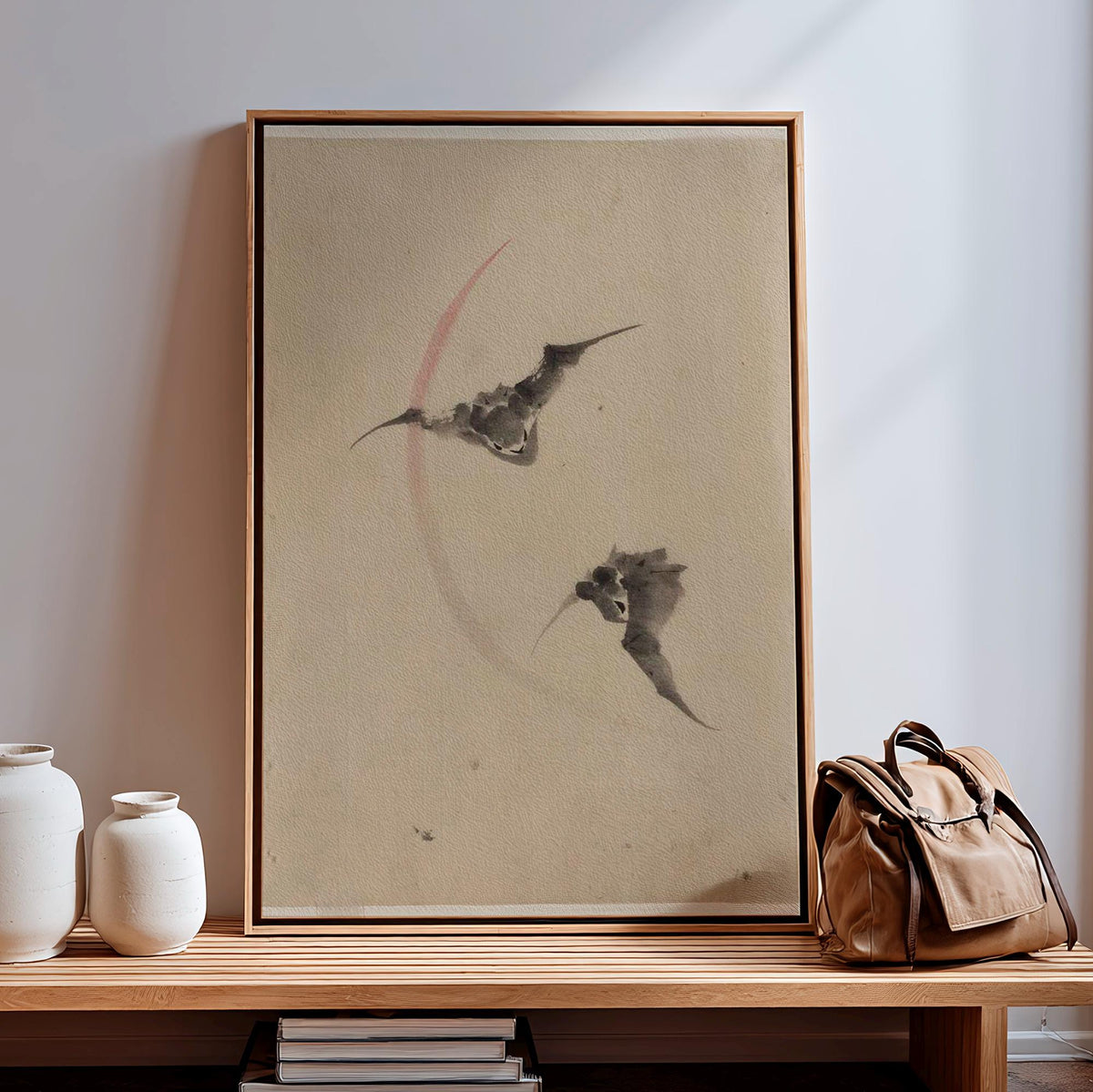 Katsushika Hokusai, Two Bats Flying - c. 1830-1850 Japanese Ink Drawing, Bat Wall Art, Moonlit Nature Decor