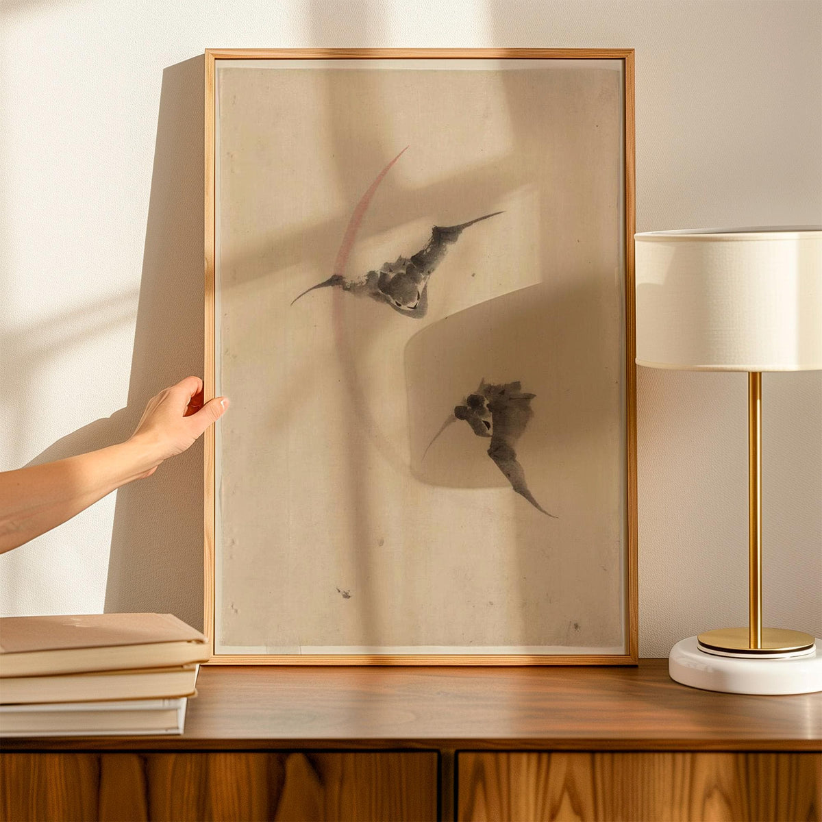 Katsushika Hokusai, Two Bats Flying - c. 1830-1850 Japanese Ink Drawing, Bat Wall Art, Moonlit Nature Decor
