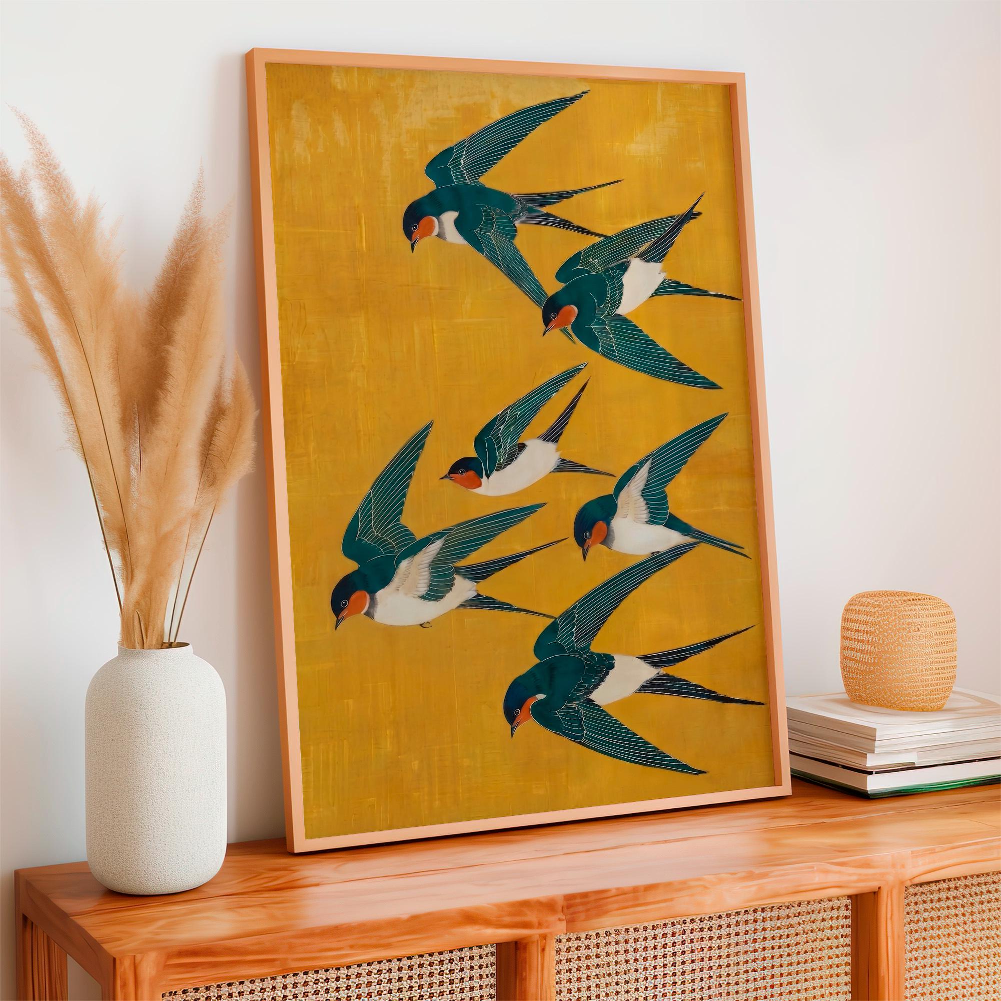 Japanese Swallow Art Print, Yellow Blue Bird Poster, Modern Vertical Animal Wall Decor, ART252