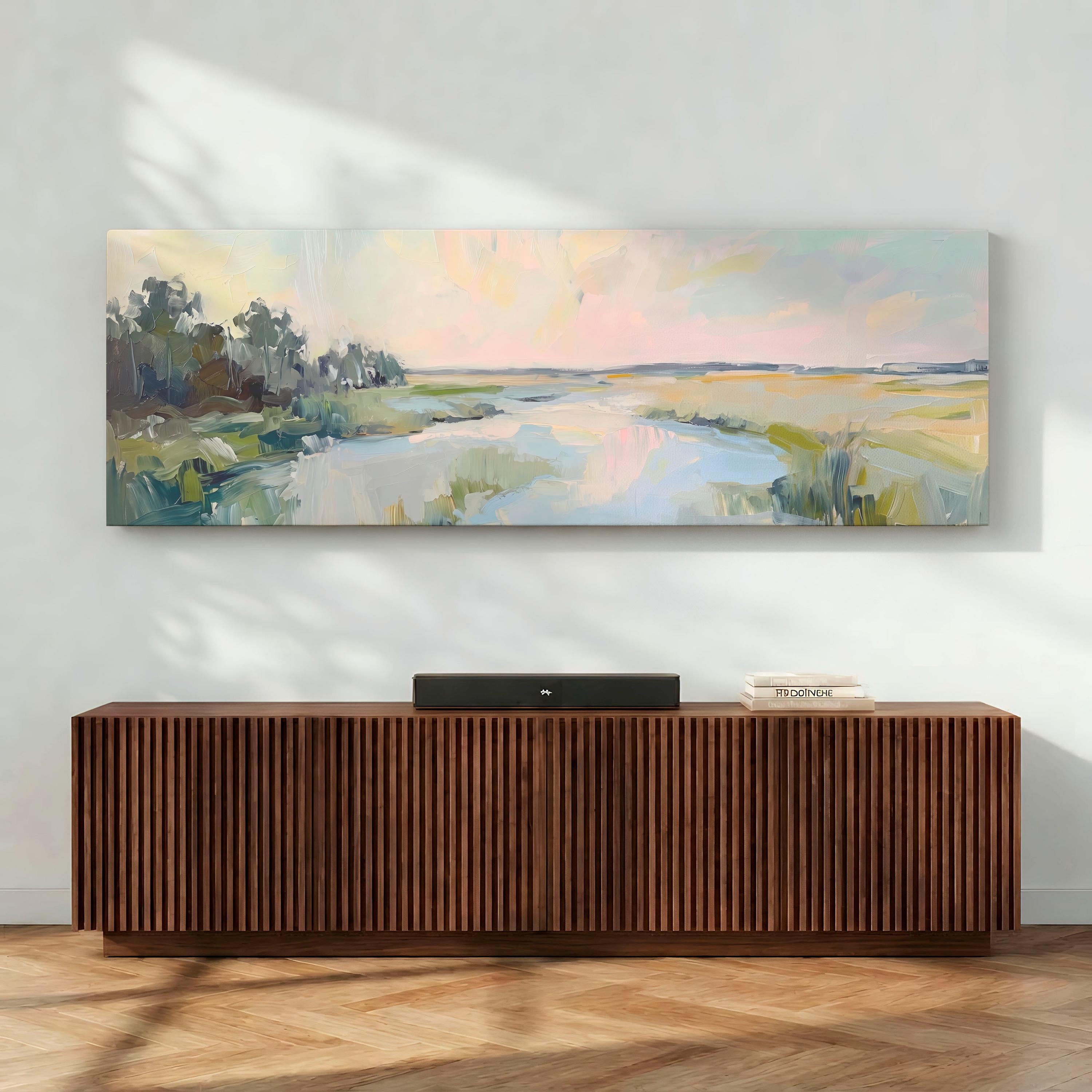 Lowcountry Marsh Framed Canvas Print, Horizontal Large Abstract Wall Art for Living Room, Pastel Sunset Decor, ART564