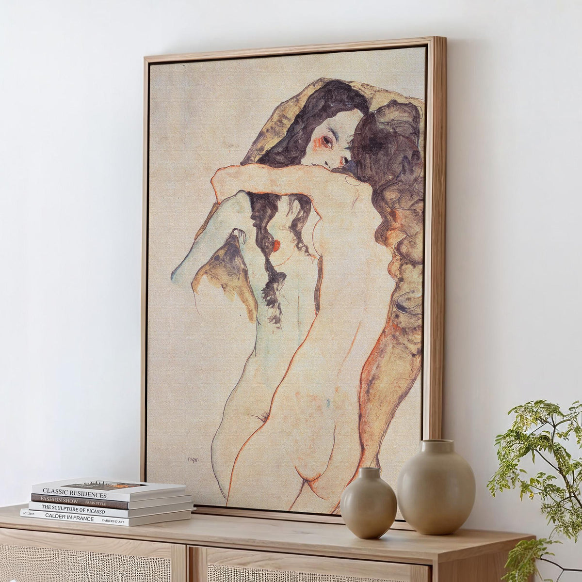 Egon Schiele Two Women Embracing 1915 Expressionist Lesbian Couple Drawing Print, Romantic Vintage Art Wall Decor