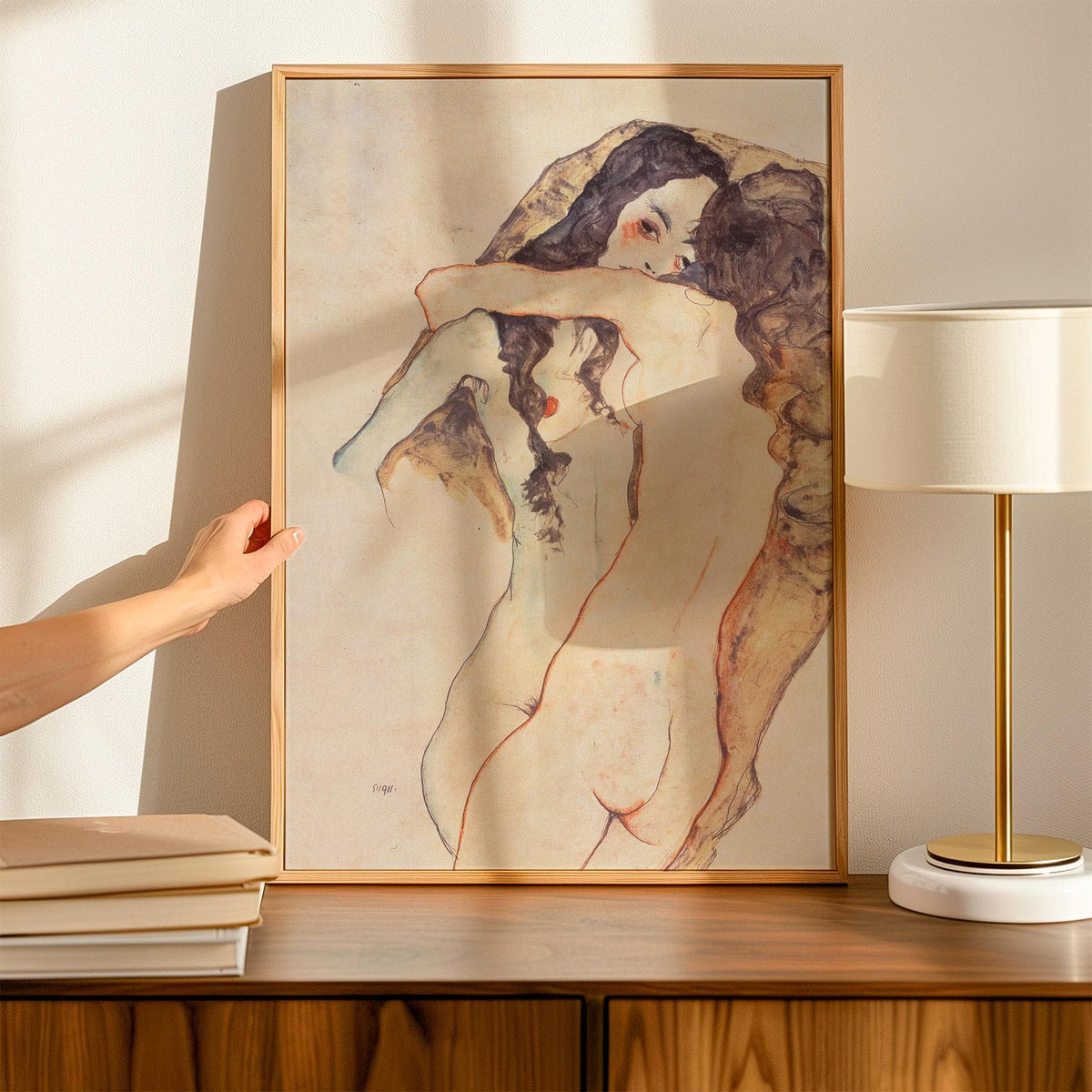 Egon Schiele Two Women Embracing 1915 Expressionist Lesbian Couple Drawing Print, Romantic Vintage Art Wall Decor