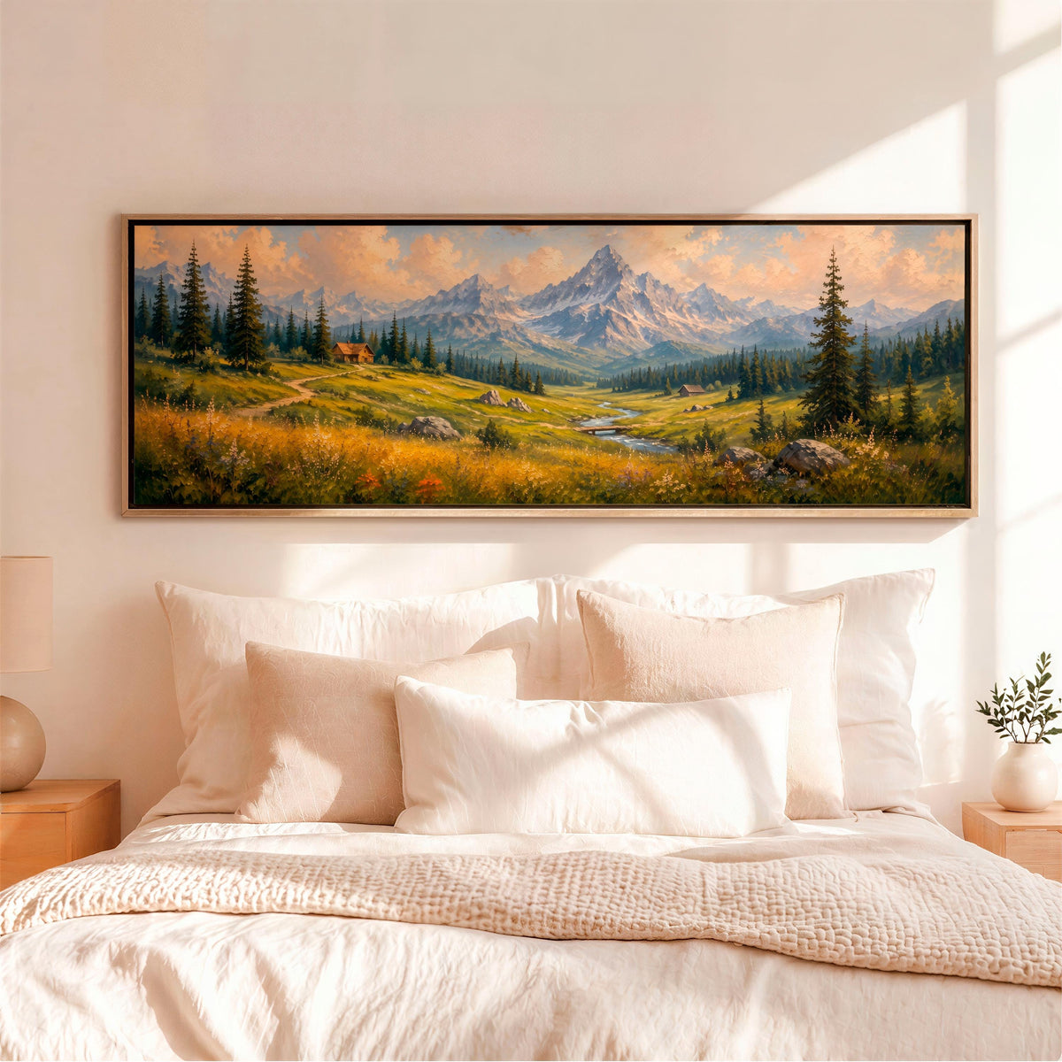 Mountain Wildflower Wall Art, Large Horizontal Framed Canvas Print for Bedroom, Vintage Washington Landscape, ART547