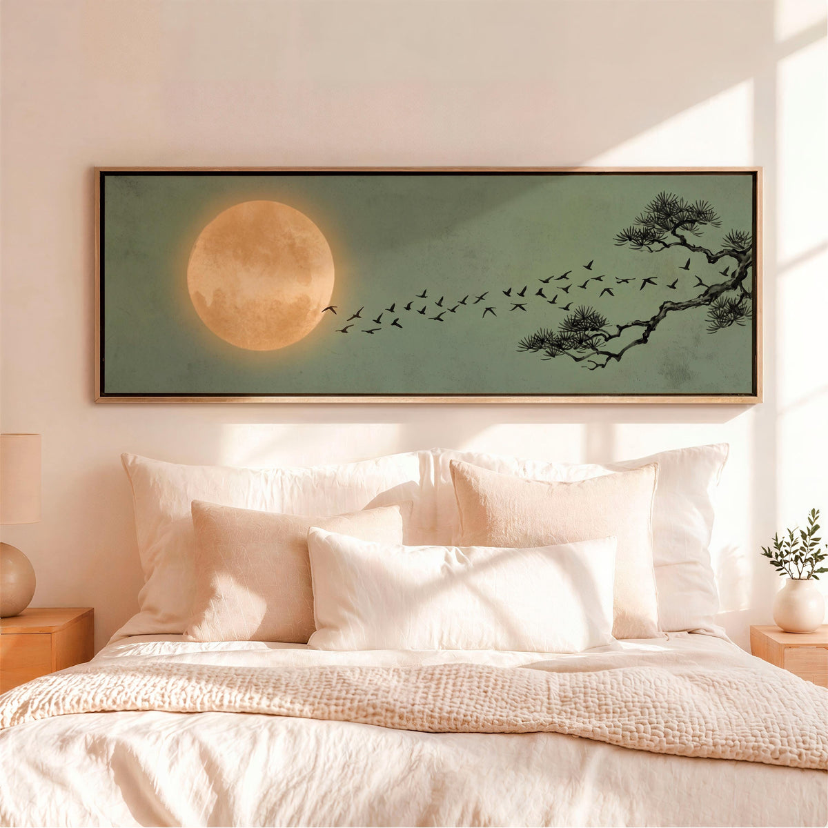 Japandi Flying Birds Framed Canvas Art, Sage Green Full Moon Wall Decor, Large Horizontal Print for Living Room, ART366
