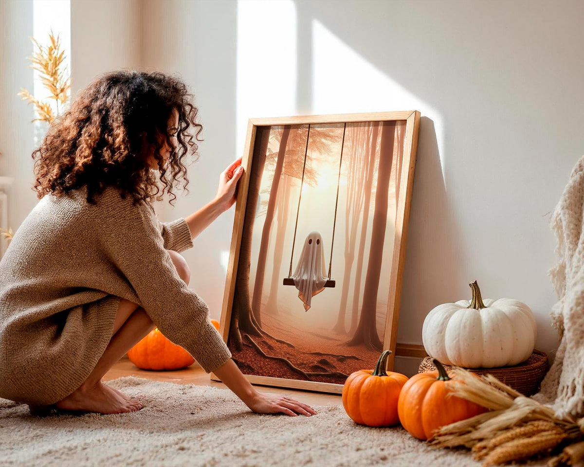 Ghost Swing Art Print – spooky whimsical poster of ghost swinging in forest, perfect Halloween decor, gothic wall art, d