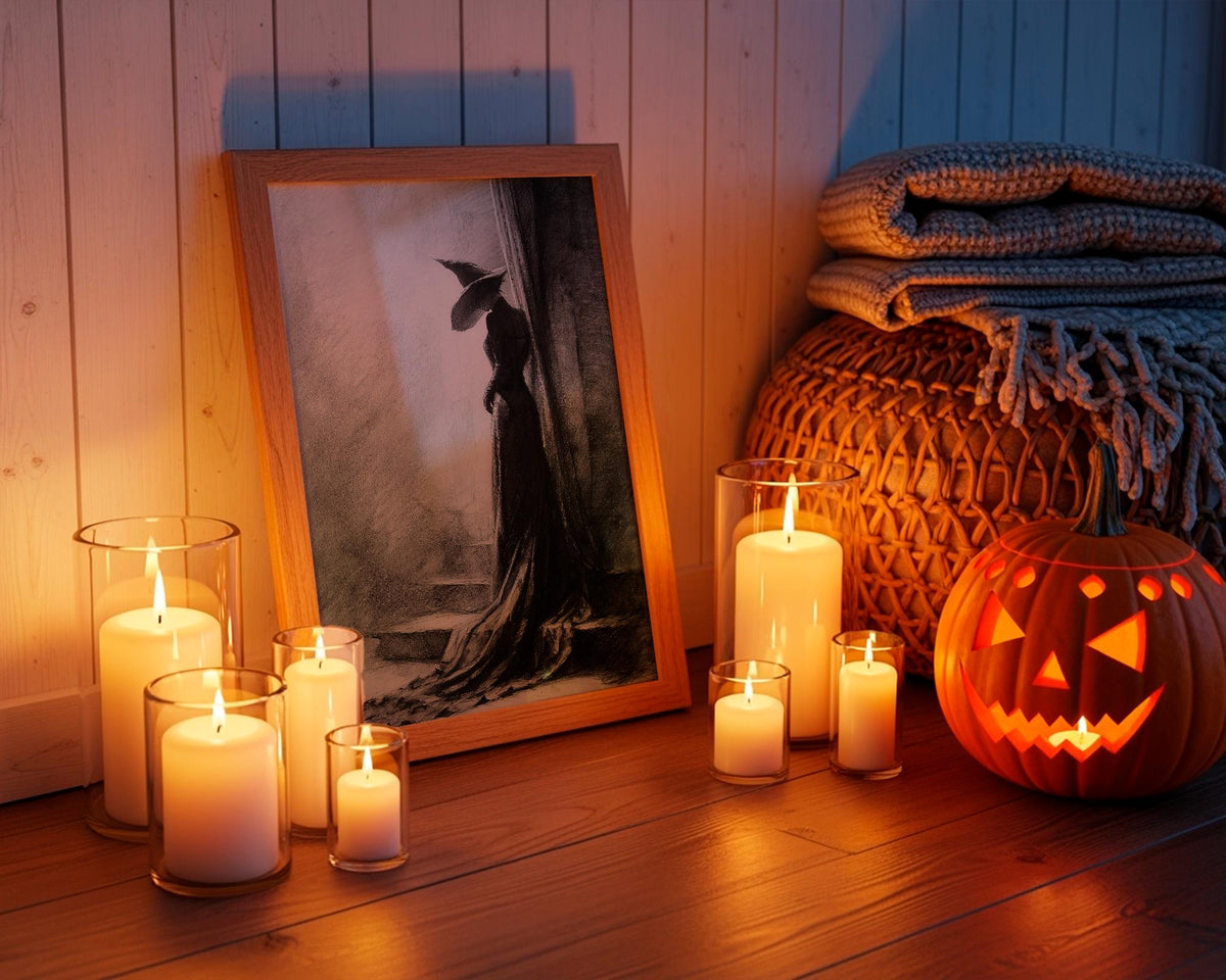Black and White Witch Poster – Spooky Halloween wall art of a witch leaning against a tree, eerie forest scene, gothic s