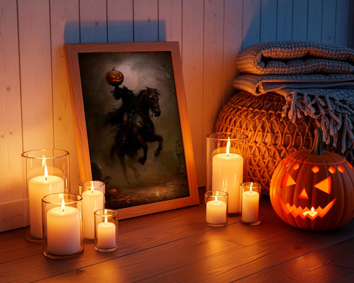 Headless Horseman Halloween Print, Pumpkin in Hand Riding Through Autumn Forest Poster, Dark Fantasy Gift, dark cottagec