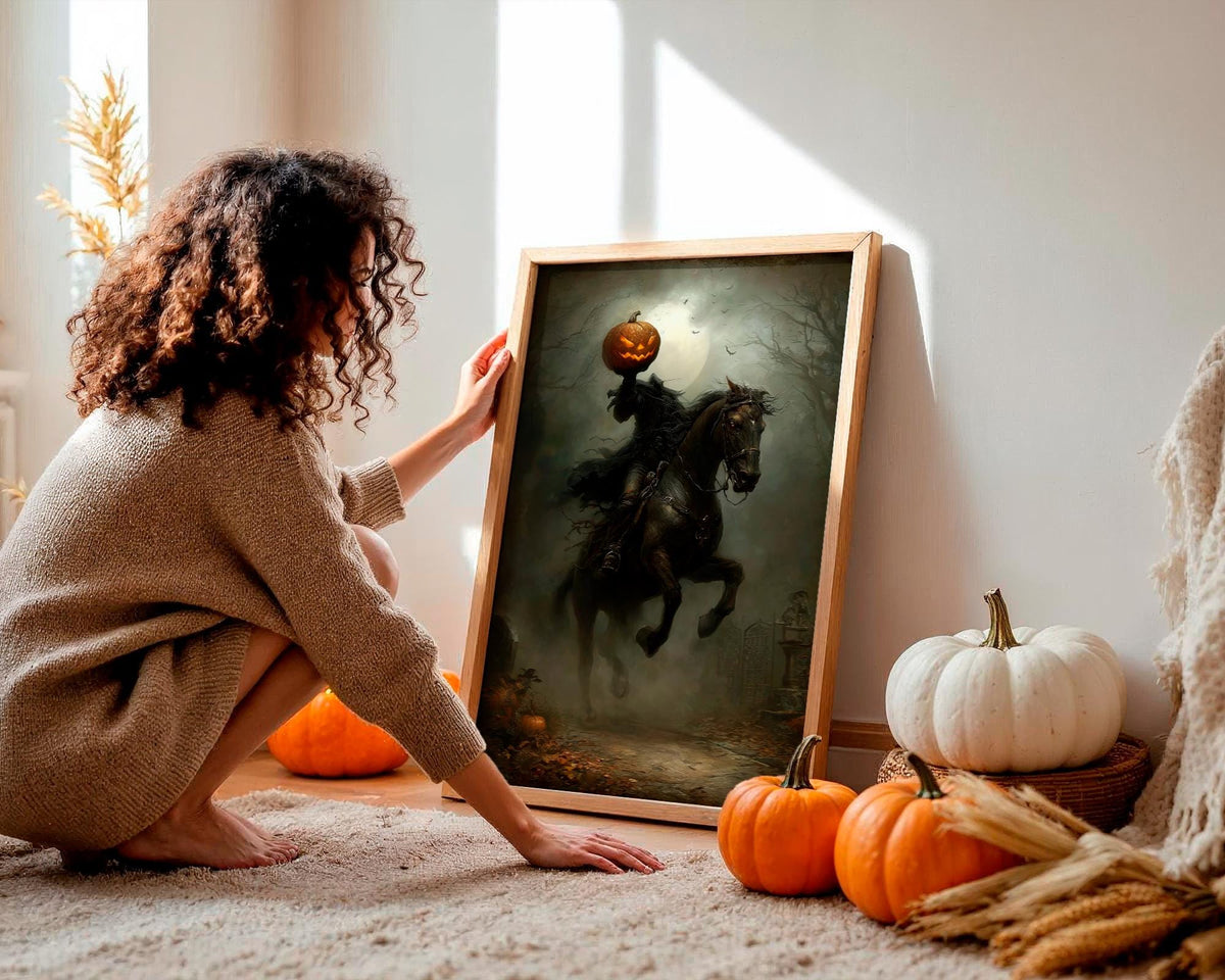 Headless Horseman Halloween Print, Pumpkin in Hand Riding Through Autumn Forest Poster, Dark Fantasy Gift, dark cottagec