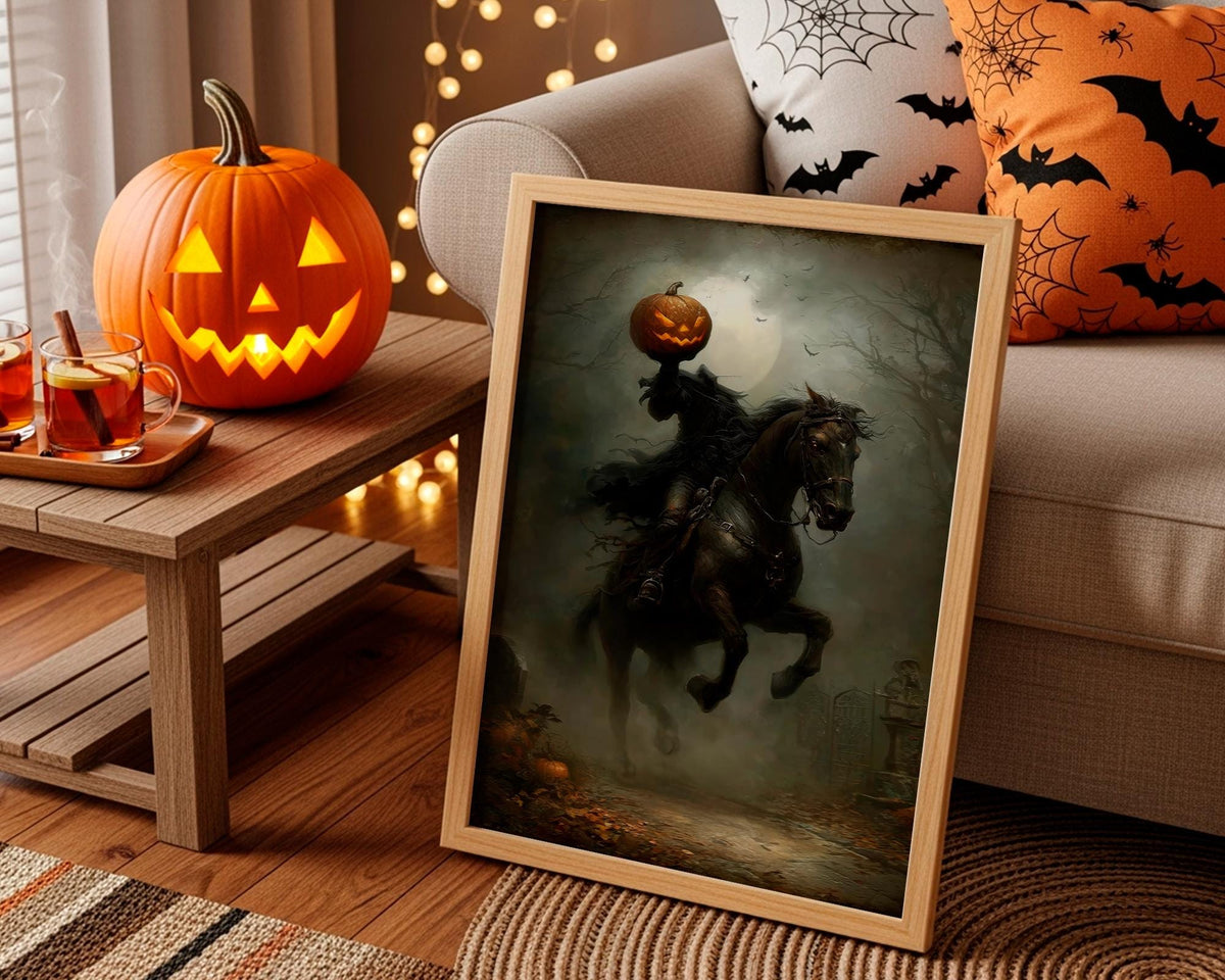 Headless Horseman Halloween Print, Pumpkin in Hand Riding Through Autumn Forest Poster, Dark Fantasy Gift, dark cottagec