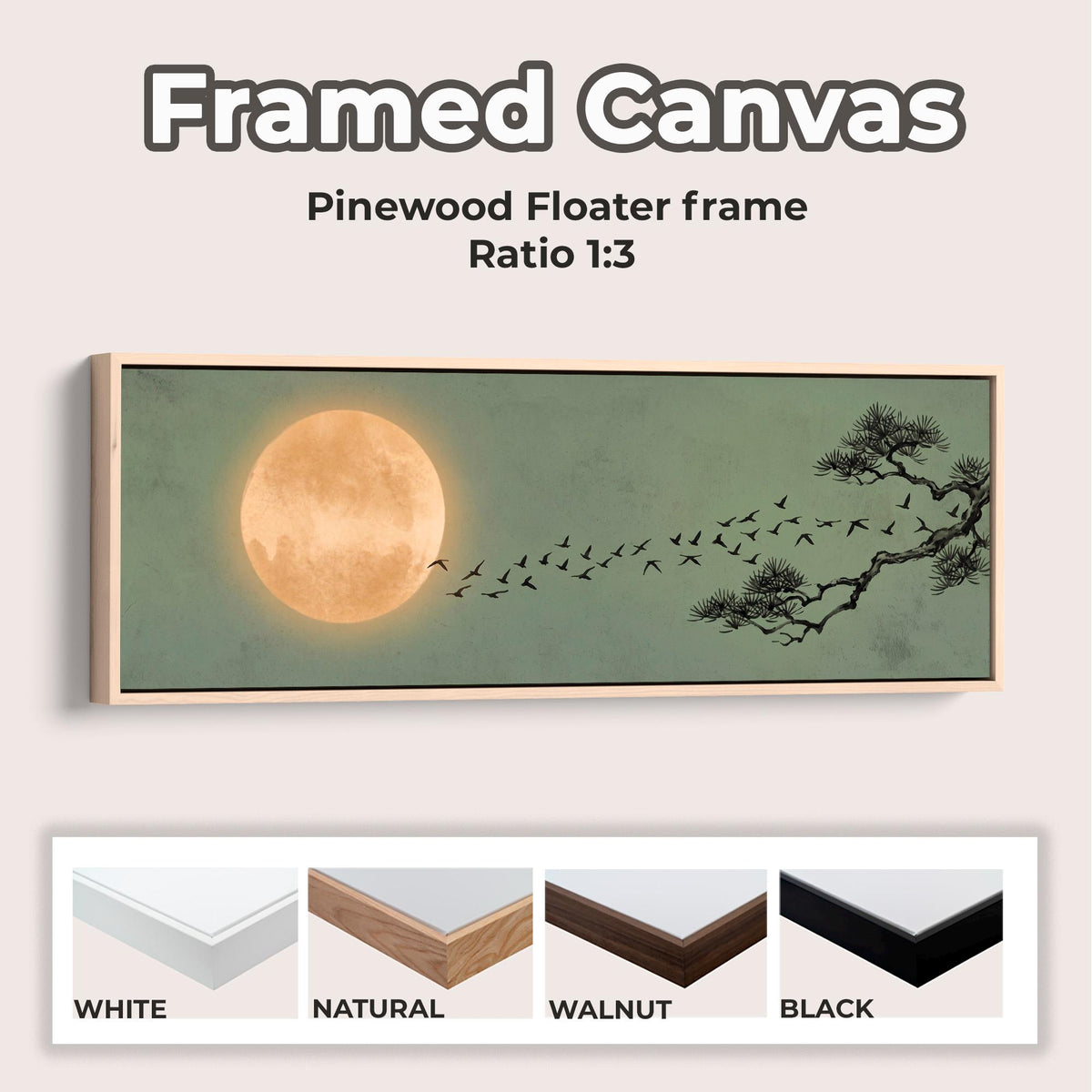 Japandi Flying Birds Framed Canvas Art, Sage Green Full Moon Wall Decor, Large Horizontal Print for Living Room, ART366