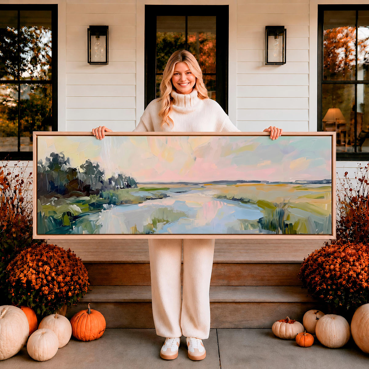 Lowcountry Marsh Framed Canvas Print, Horizontal Large Abstract Wall Art for Living Room, Pastel Sunset Decor, ART564
