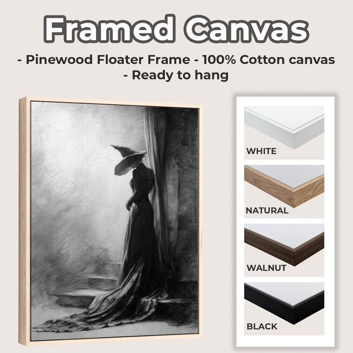 Black and White Witch Poster – Spooky Halloween wall art of a witch leaning against a tree, eerie forest scene, gothic s