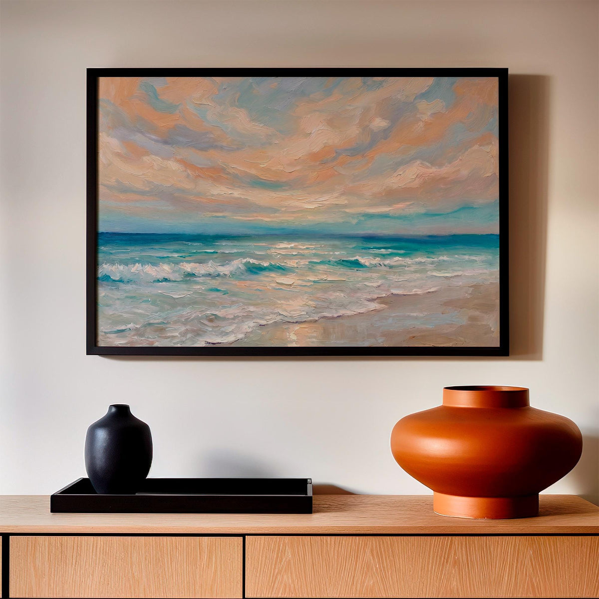 Framed Coastal Canvas Art, Ocean Oil Painting Print, Blue Wave Landscape Wall Decor for Beach House Living Room, ART190-