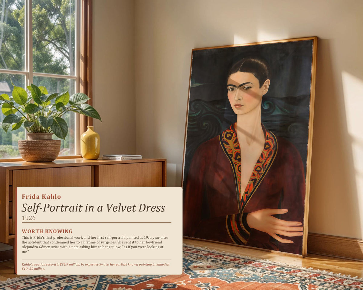 Frida Kahlo, Self-Portrait in a Velvet Dress - 1926 Surreal Self Portrait Print, Mexican Wall Art, Dark Romantic Poster,