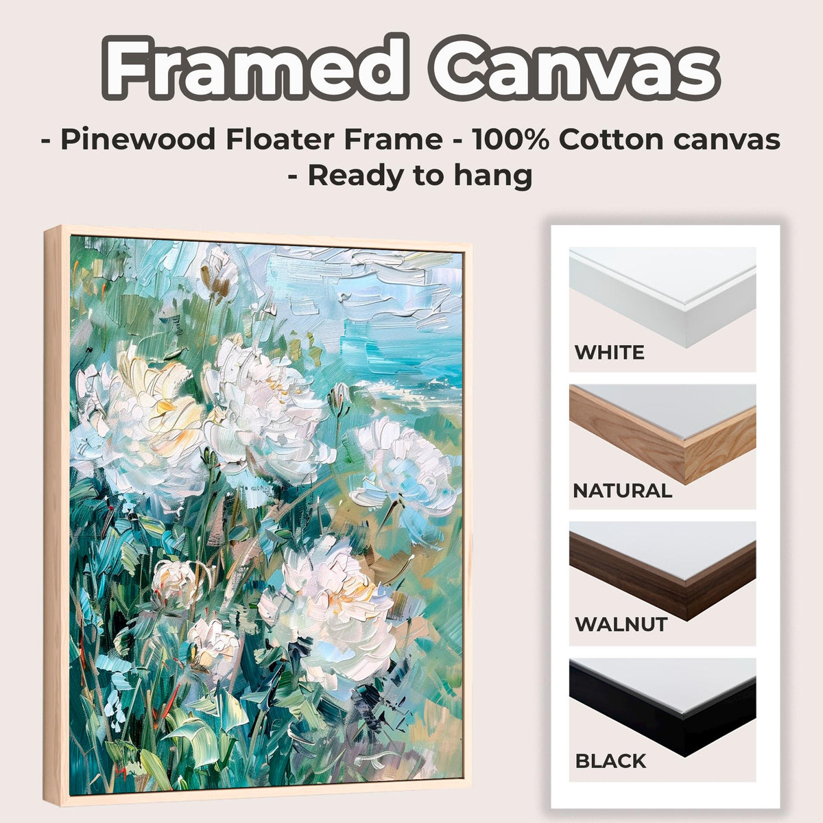 Framed Cotton Canvas Vintage Floral Art, Botanical Still Life Wall Decor, Modern Living Room Large Art Print, ART170