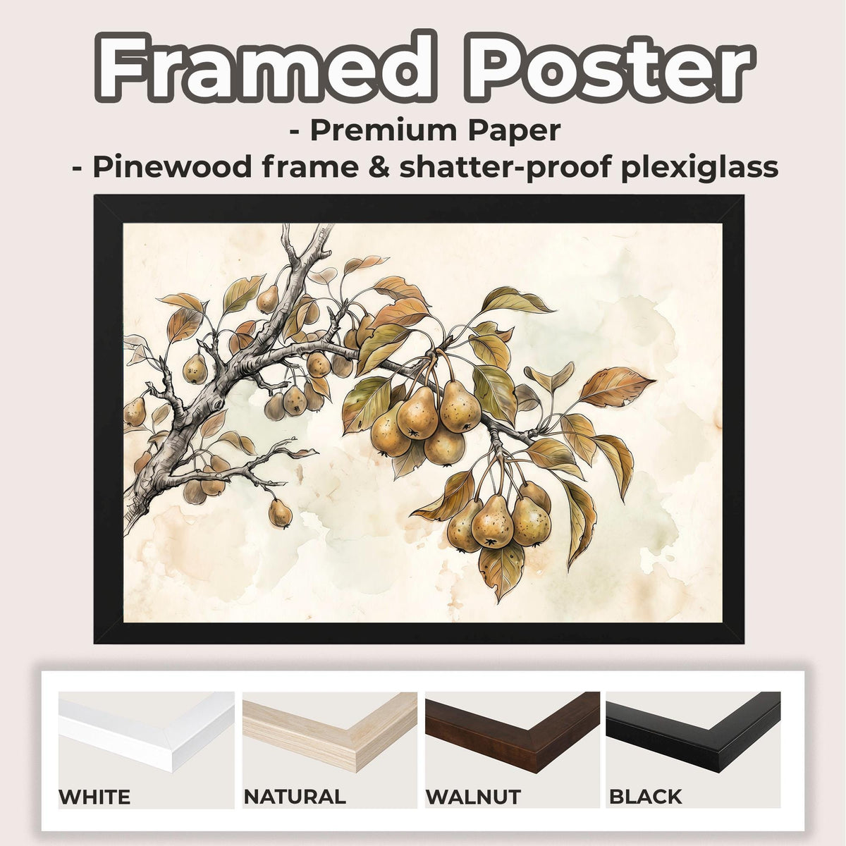 Framed Canvas Vintage Pear Tree Art Print, Neutral Nature Sketch Wall Art for Kitchen and Living Room, ART280