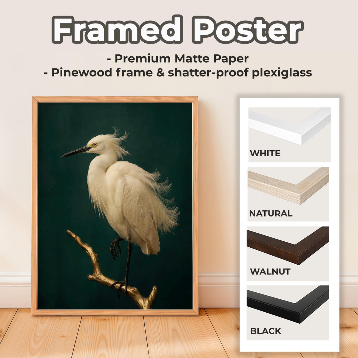 Framed Minimalist White Crane Canvas Print, Japandi Bird Wall Art On Dark Green, Vintage Nature Decor For Zen Living Spa