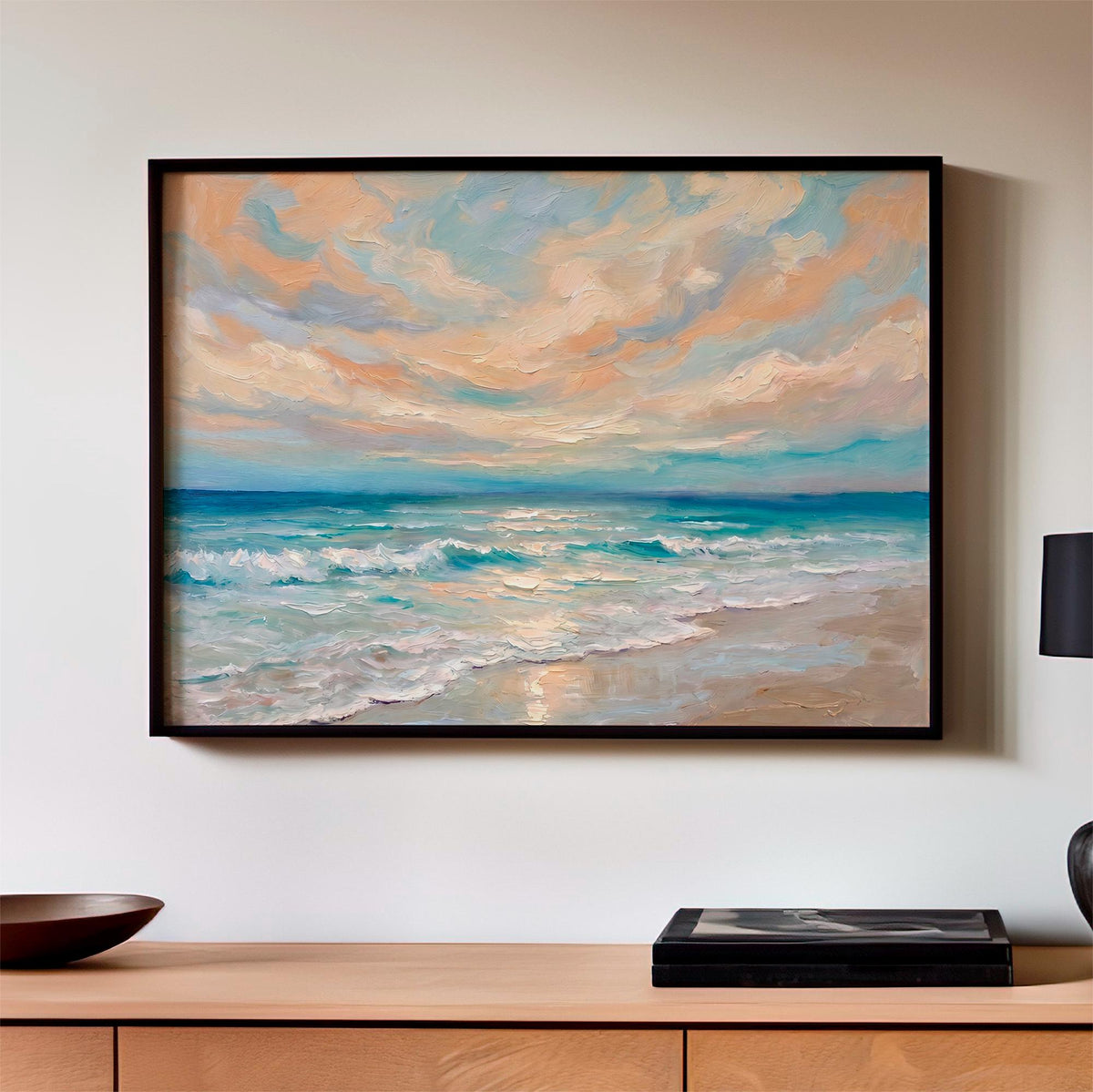 Framed Coastal Canvas Art, Ocean Oil Painting Print, Blue Wave Landscape Wall Decor for Beach House Living Room, ART190-