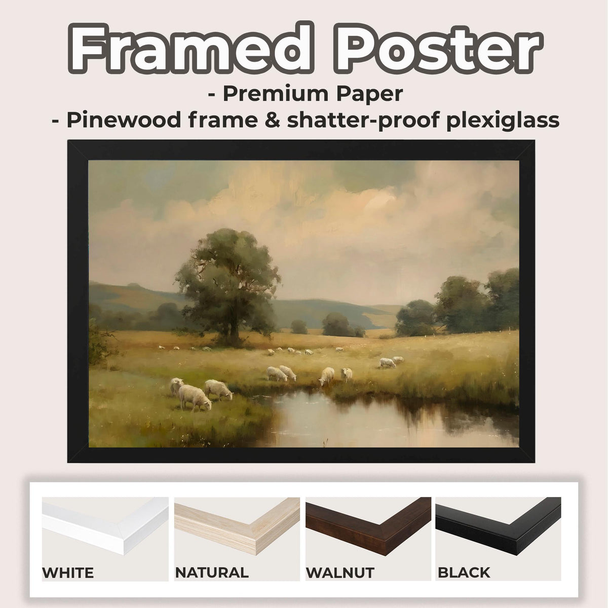 Christian Sheep In Pasture Print, Vintage Psalm 23 Landscape, Unframed Wall Art For Faith Filled Home Decor, ART288