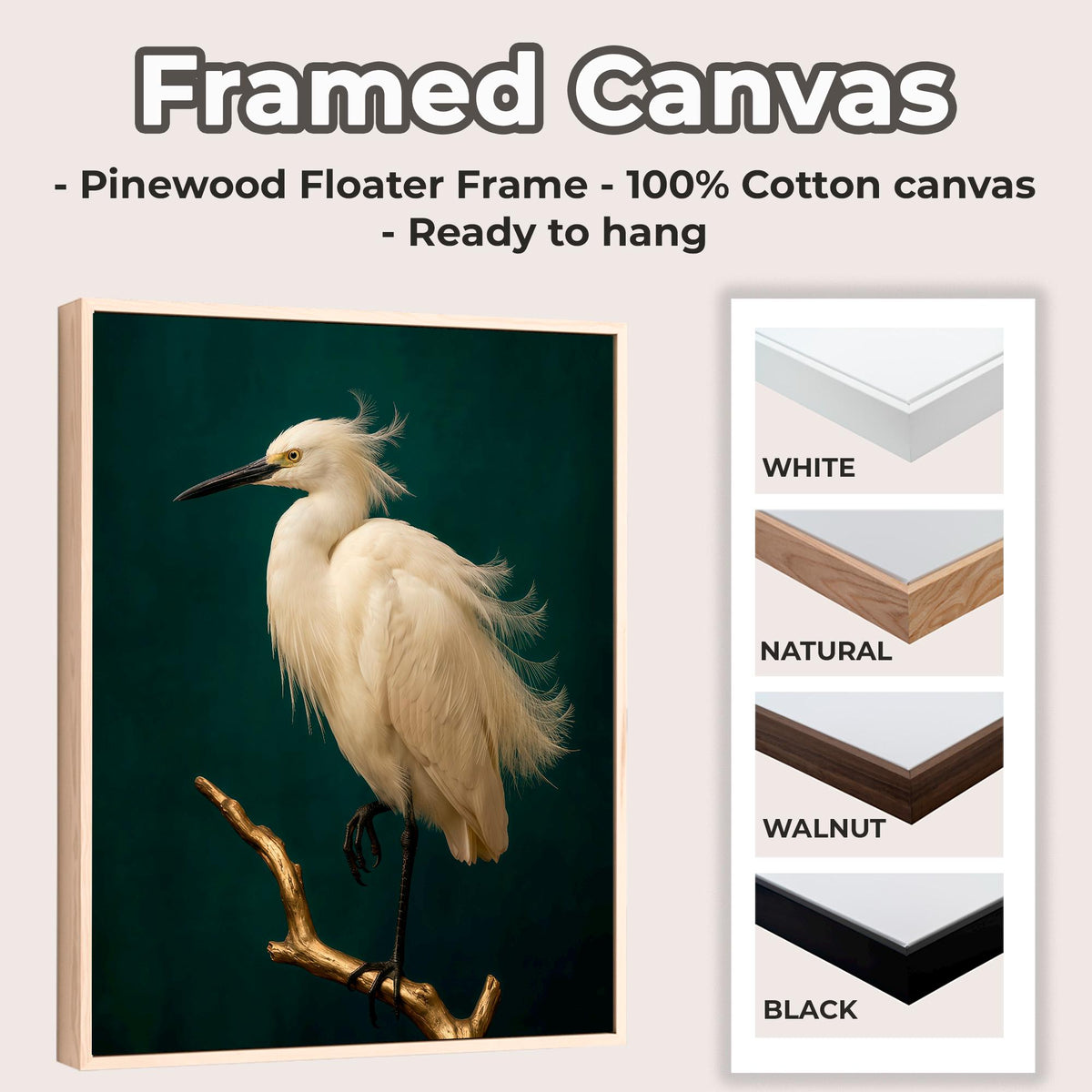 Framed Minimalist White Crane Canvas Print, Japandi Bird Wall Art On Dark Green, Vintage Nature Decor For Zen Living Spa