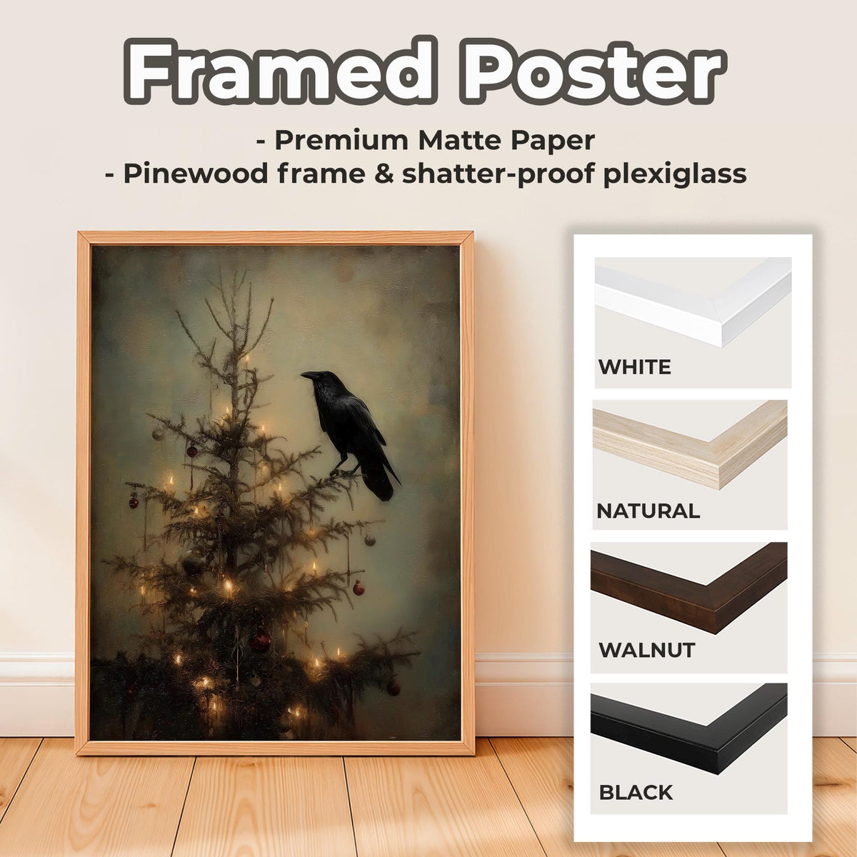Dark Academia Christmas Crow Print, Gothic Holiday Wall Art Gift for Him or Her