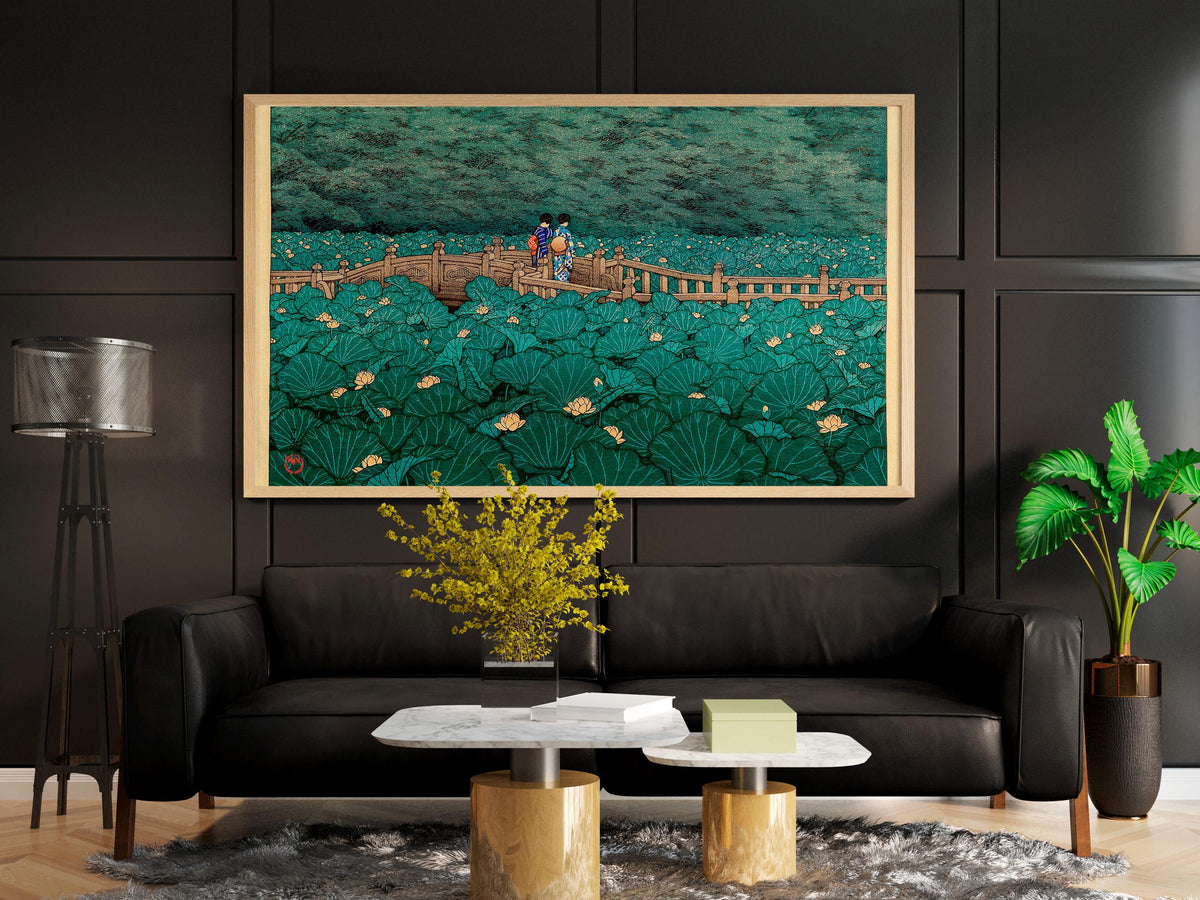 Kawase Hasui, The Pond at Benten Shrine in Shiba - Japanese landscape wall art, serene bedroom decor, ukiyo-e print, cla