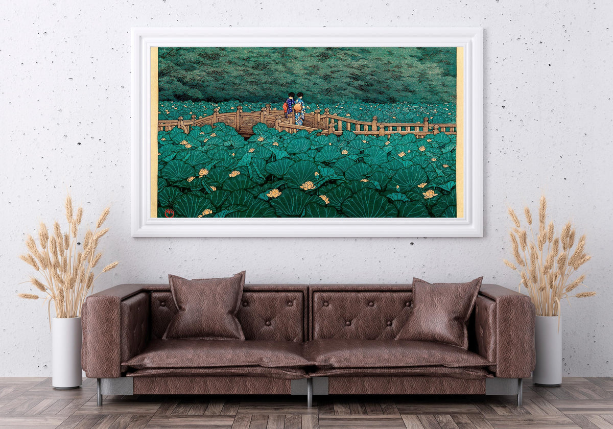 Kawase Hasui, The Pond at Benten Shrine in Shiba - Japanese landscape wall art, serene bedroom decor, ukiyo-e print, cla