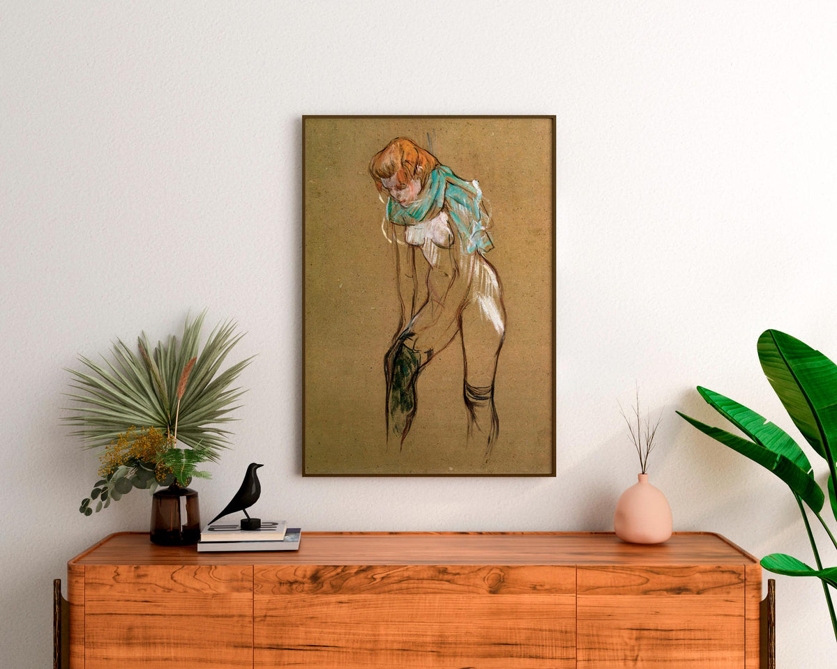 Henri de Toulouse Lautrec - Woman pulling up her stocking study. Sensual poster print, Beautiful girl art print, Interio