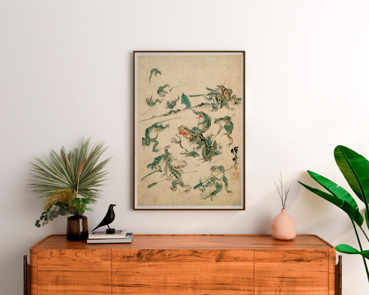 Kawanabe Kyosai - Battle Of The Frogs. Kitchen wall art, Japanese frogs art print, Japanese home decor, Frogs poster pri