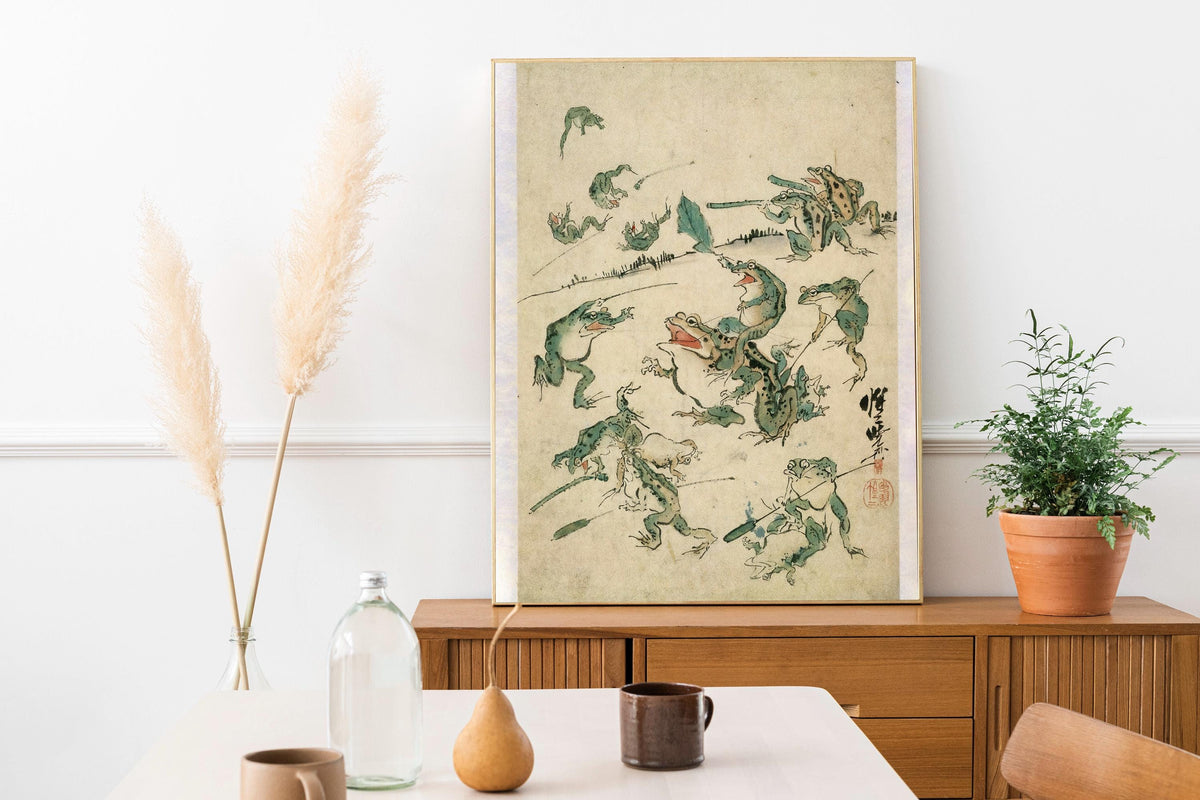 Kawanabe Kyosai - Battle Of The Frogs. Kitchen wall art, Japanese frogs art print, Japanese home decor, Frogs poster pri