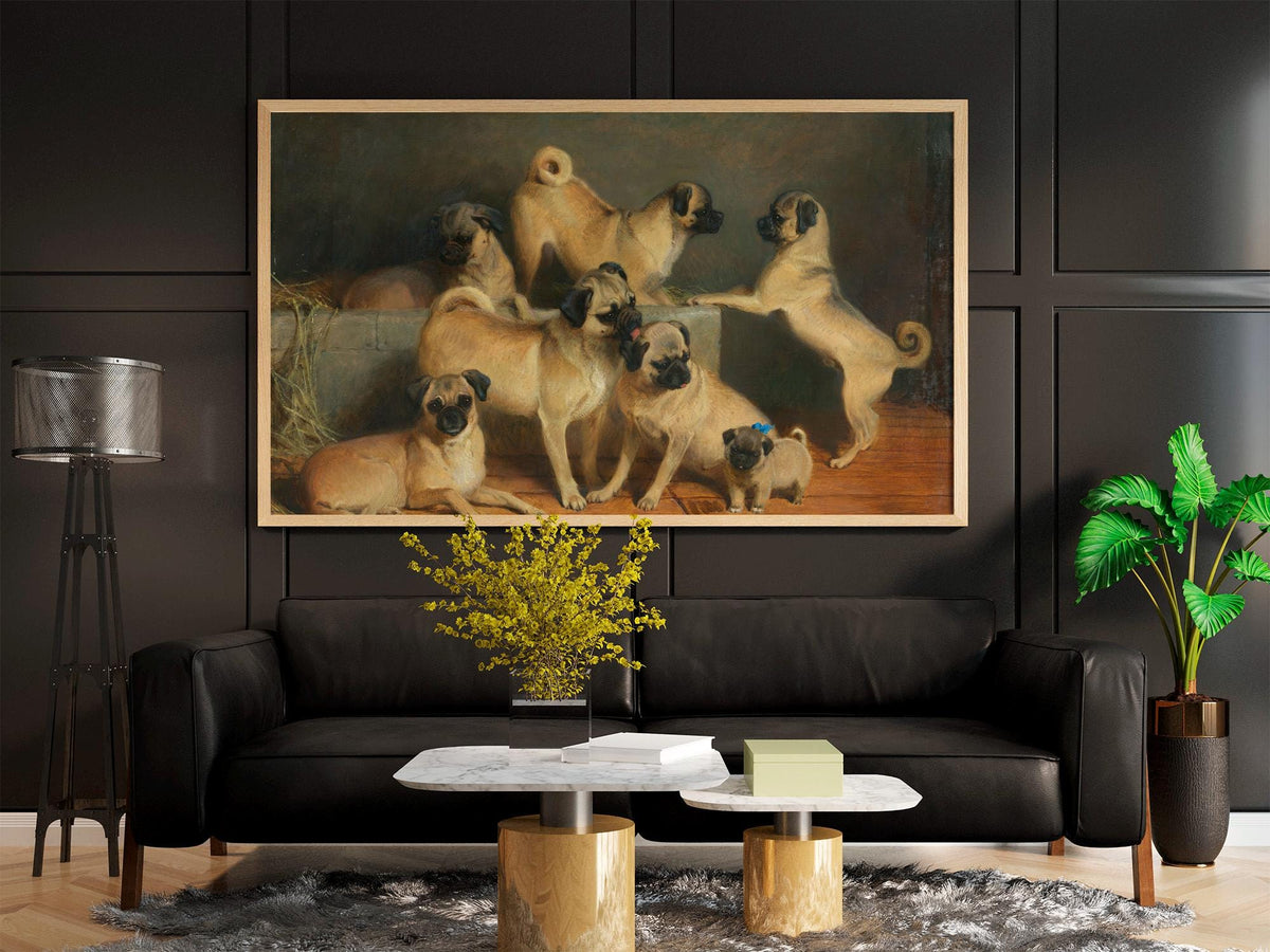Charles Burton Barber - A Family of Pugs. Canvas painting, Mops wall art, Bedroom decor, Dogs poster print, Reproduction