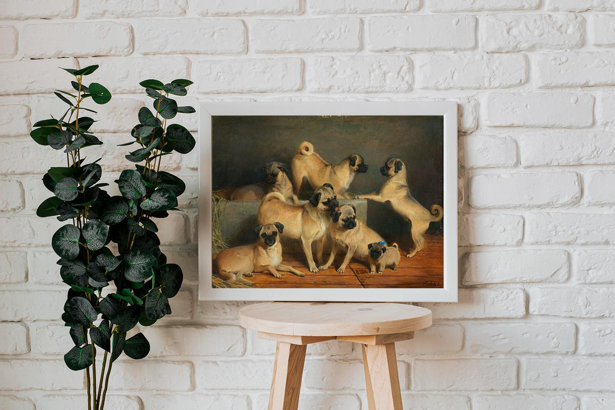 Charles Burton Barber - A Family of Pugs. Canvas painting, Mops wall art, Bedroom decor, Dogs poster print, Reproduction