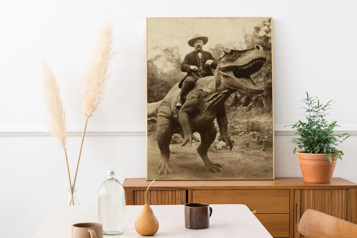 Dinosaur cowboy art, Surreal cowboy poster, Wild west dinosaur painting, Strange Bizarre wall decor, Cowboy dinosaur pho