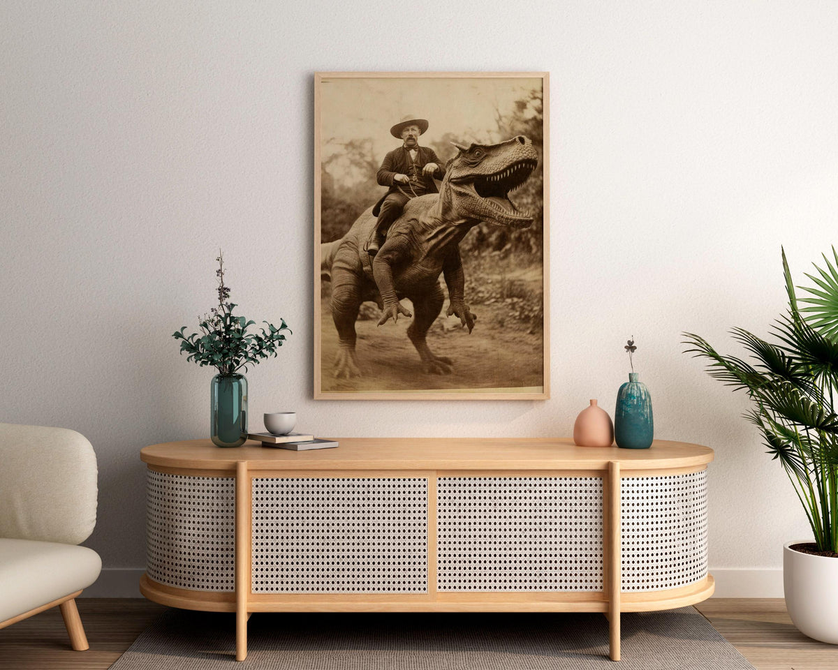 Dinosaur cowboy art, Surreal cowboy poster, Wild west dinosaur painting, Strange Bizarre wall decor, Cowboy dinosaur pho