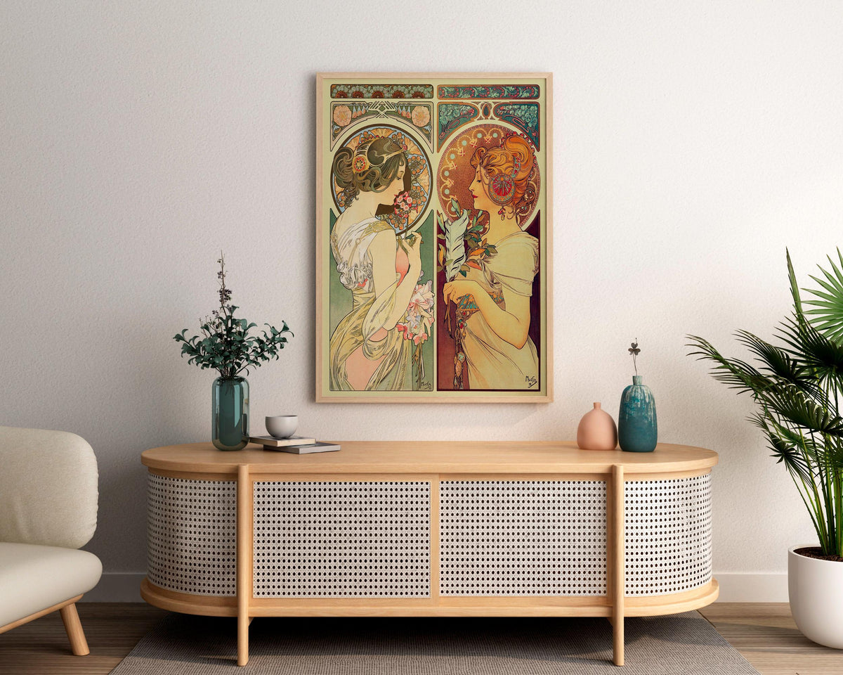 Alphonse Mucha - La Primevere and La Plume. Art nouveau poster, Decorative vintage art, Elegant girl art print, Famous a