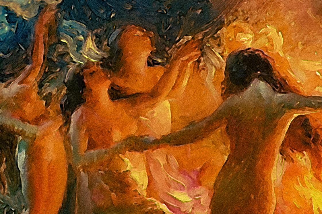 Joseph Tomanek - Fire Dance, Nymphs dancing. Bedroom decor, Magical witches artwork, Gothic canvas, Witches dancing art,